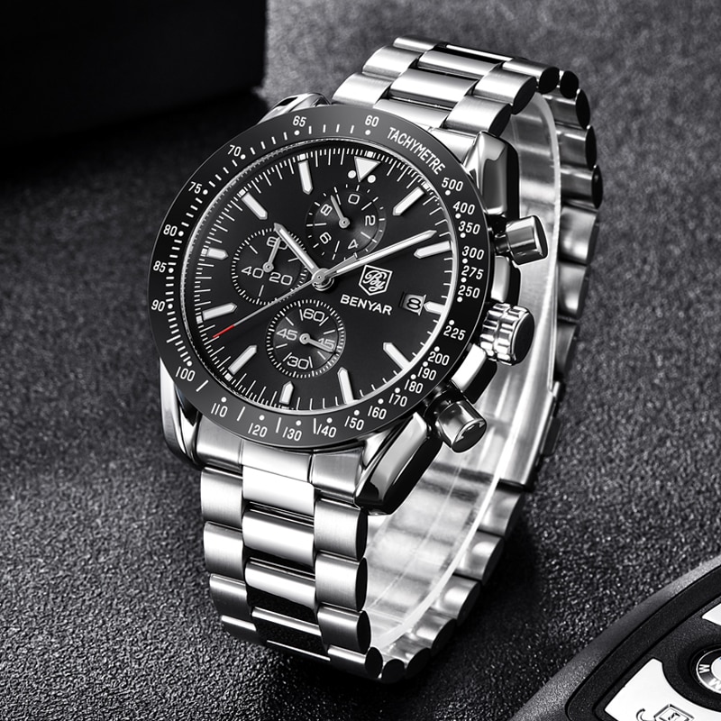 Reloj BENYAR para hombre, reloj de cuarzo de acero completo para negocios, reloj de de lujo informal resistente al agua para hombre, relojes deportivos masculinos con cronógrafo