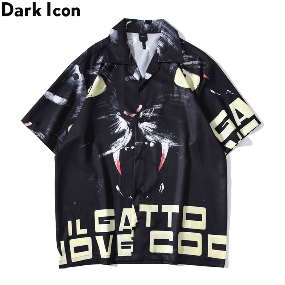 Donker icoon bedrukt hawaiiaans overhemd heren vintage straat heren overhemd korte mouw zomer strand shirts voor mannen
