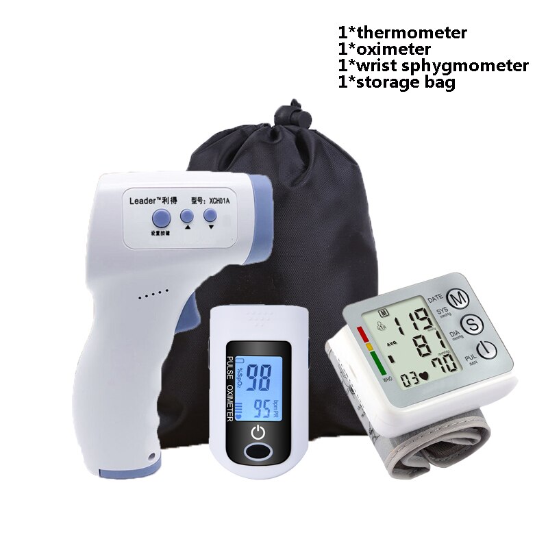 Tensiómetro Digital para muñeca, esfigmomanómetro, oxímetro de pulso para dedo, termómetro IR sin contacto, conjunto de Monitor de salud para el hogar: 4pcs set C-wrist