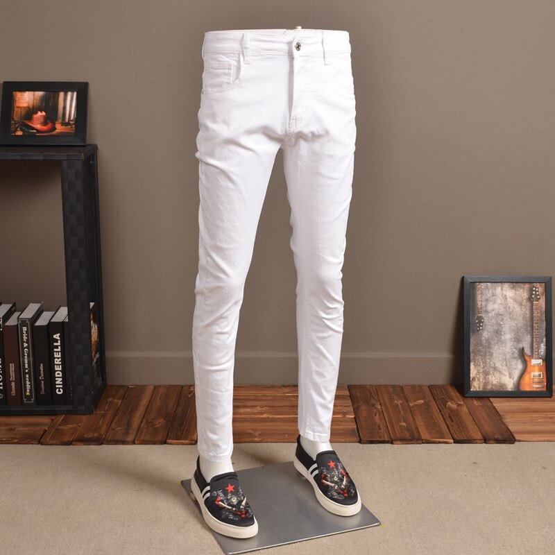 Men Skinny Jeans Streetwear Elastic White Distressed Pants for Cowboys