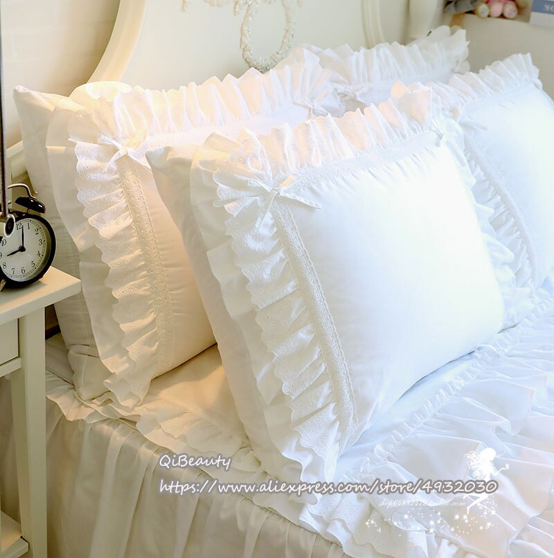 Prinsesse rent hvidt dobbelt lag blonder flounced bomuld bryllup rent bomuld sengetøj pudebetræk pudebetræk: Pt009