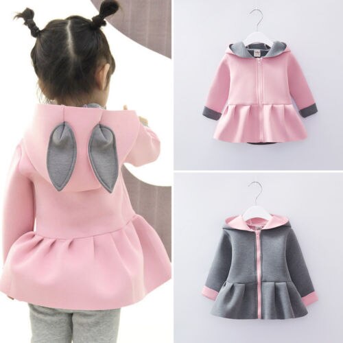 Warme herfst winter babymeisje konijnenoren lange mouwen hoodies jas ruches rits jas bovenkleding katoenen outfits kleding
