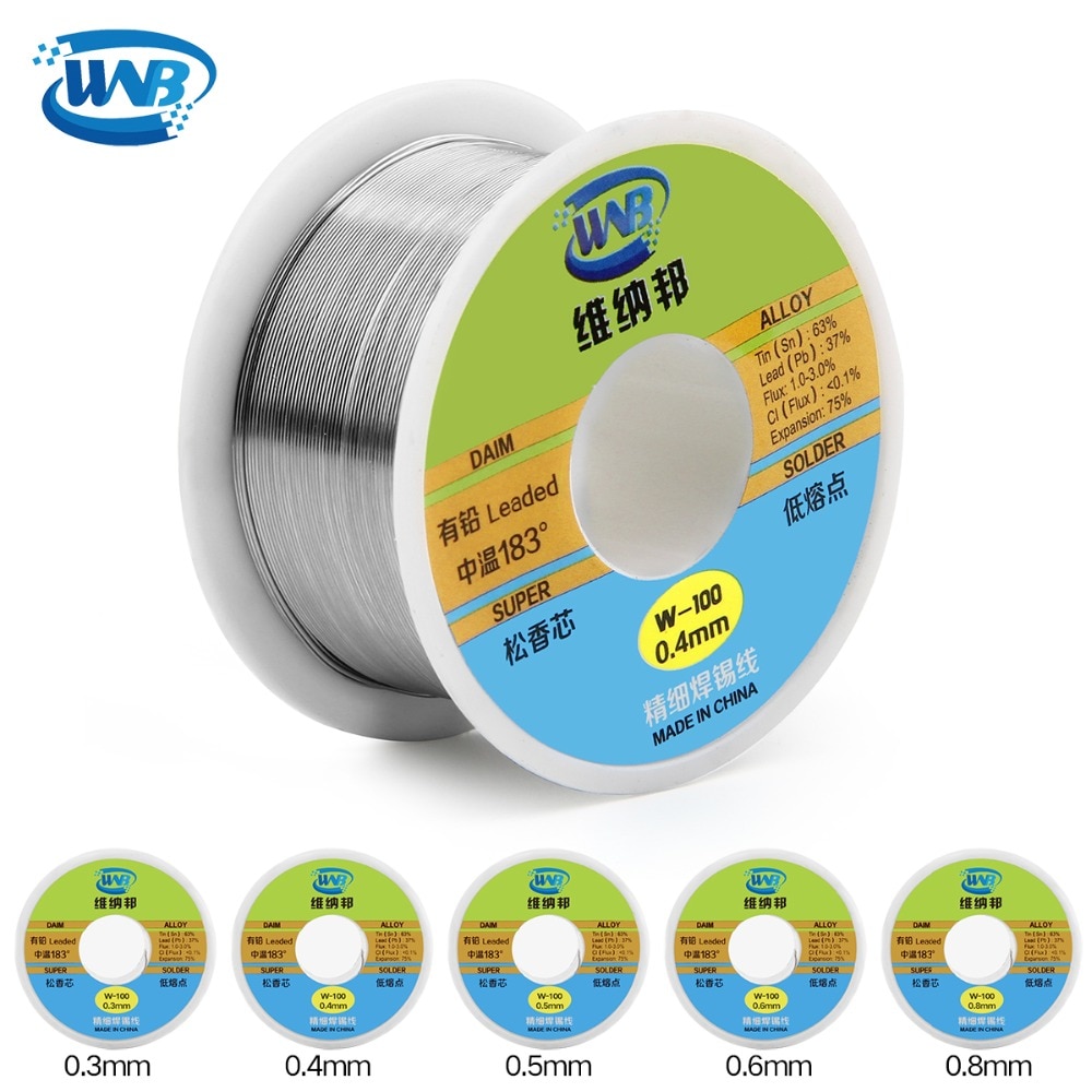 WNB 90g 0,3/0,4/0,5/0,6/0,8mm 63/37 núcleo de resina estaño plomo 183 grados fundir Alambre de soldar plateado fundente de soldadura 2.0% carrete de Cable de hierro
