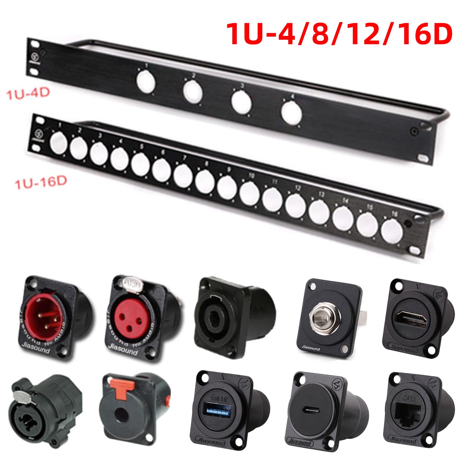 Panel de conexión de estante DIY 1U 4 8 12 16 vías 1U 2U 24 vías XLR USB tipo C SDI 6,35 Combo ST-8mp Cat6