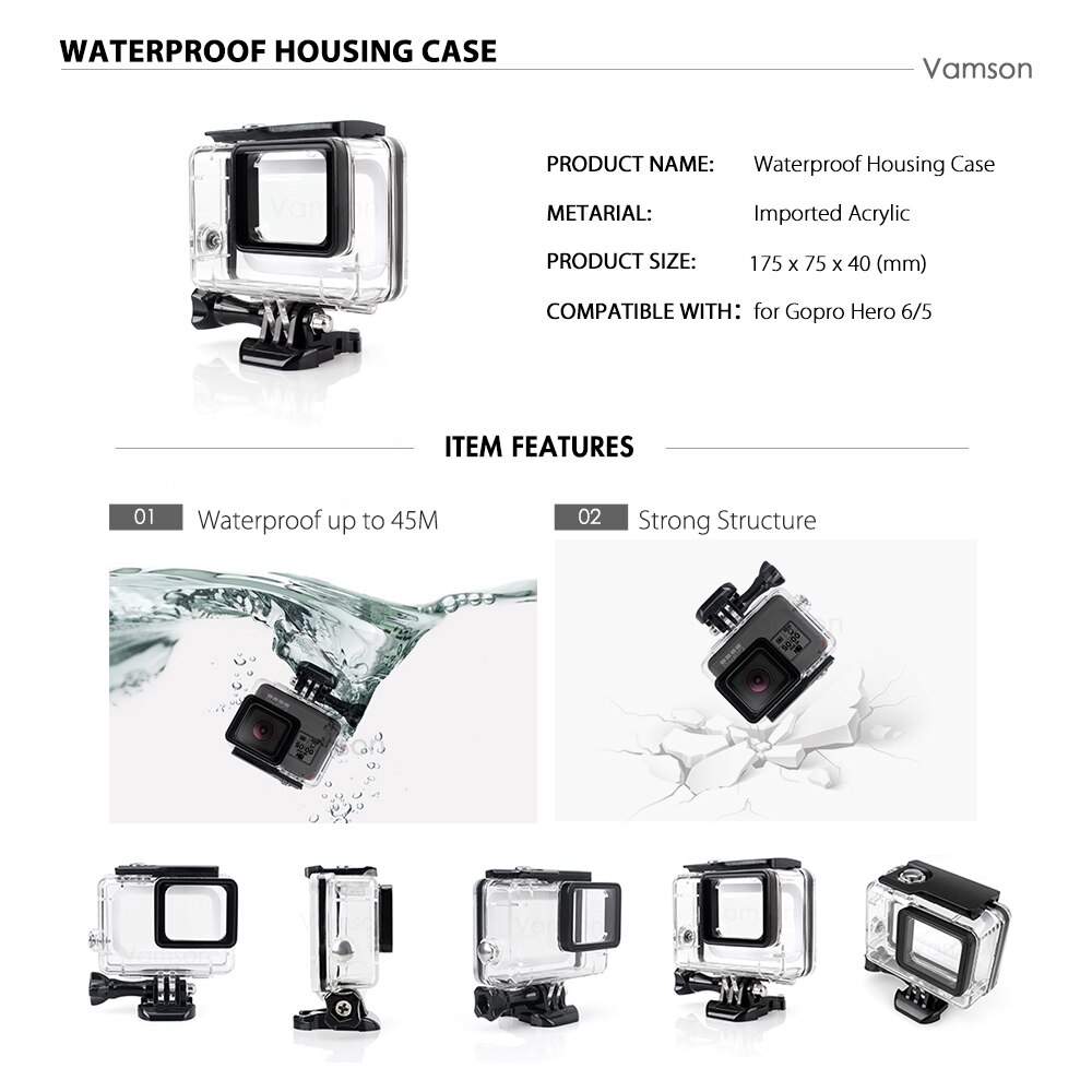 Vamson for gopro hero 7 6 5 tilbehørssett skjermportektor/linsebeskytter vanntett deksel for go pro hero 6 5 vs05c