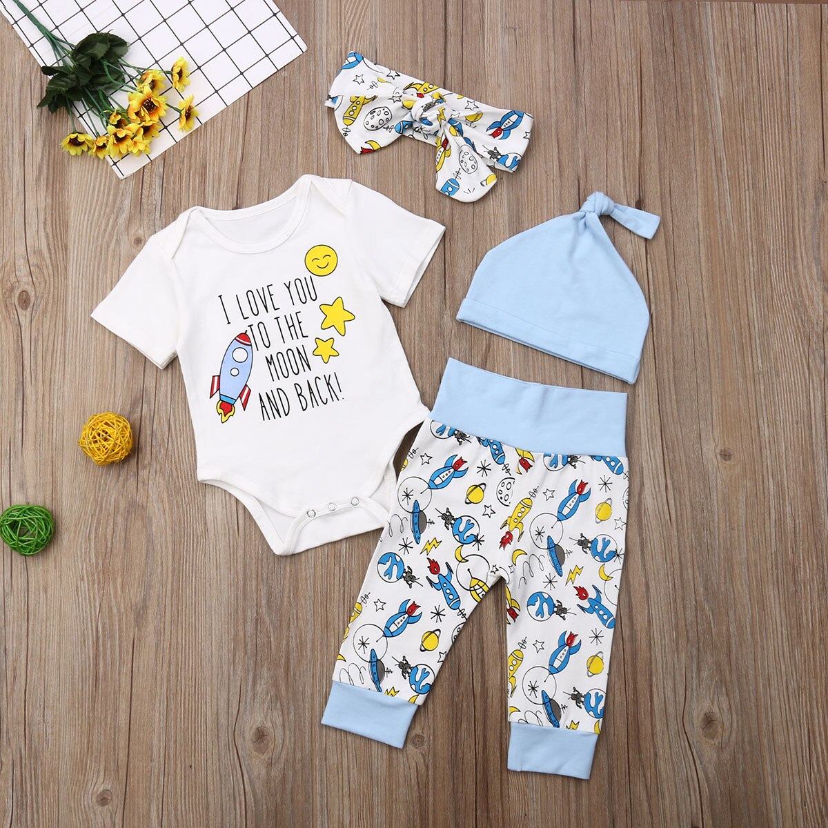 Baby Zomer Kleding Baby Kids Baby Meisje Jongen Kleding Cactus Print Korte Mouw Romper Tops + Broek + Hoofdband + hoeden 4 stuks Sets