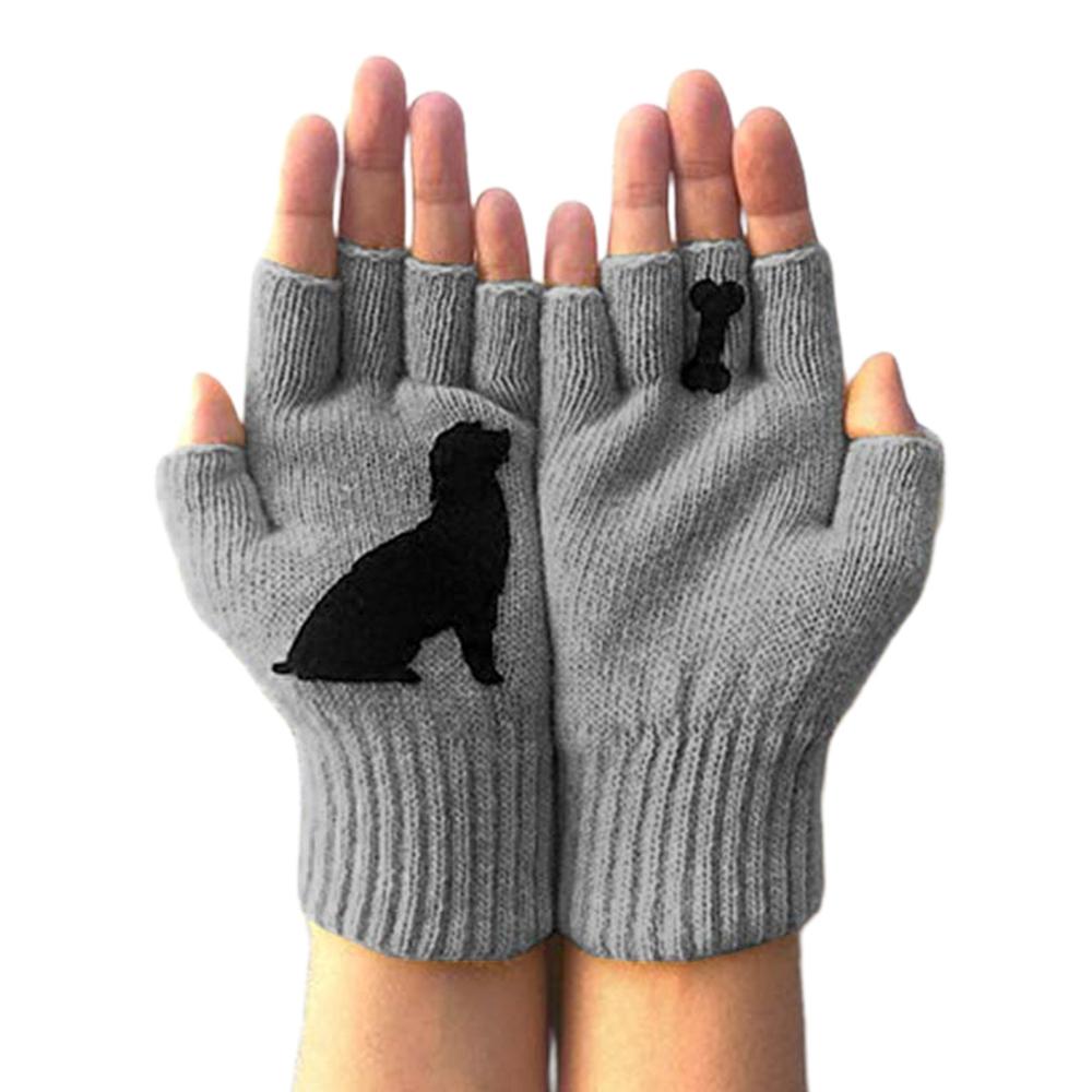 Kvinder vinterstrikkede fingerløse handsker kawaii hvalp hund ben udskrivning varme vanter: Grå
