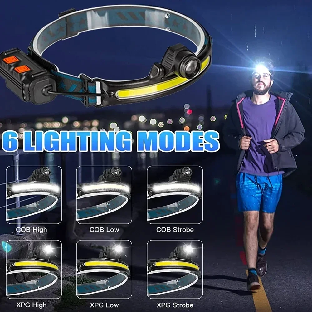 Induction Led Headlamp XPG+COB LED Head Lamp with Built-in Battery Flashlight Multi-function USB Rechargeable 6 Modes Head Torch