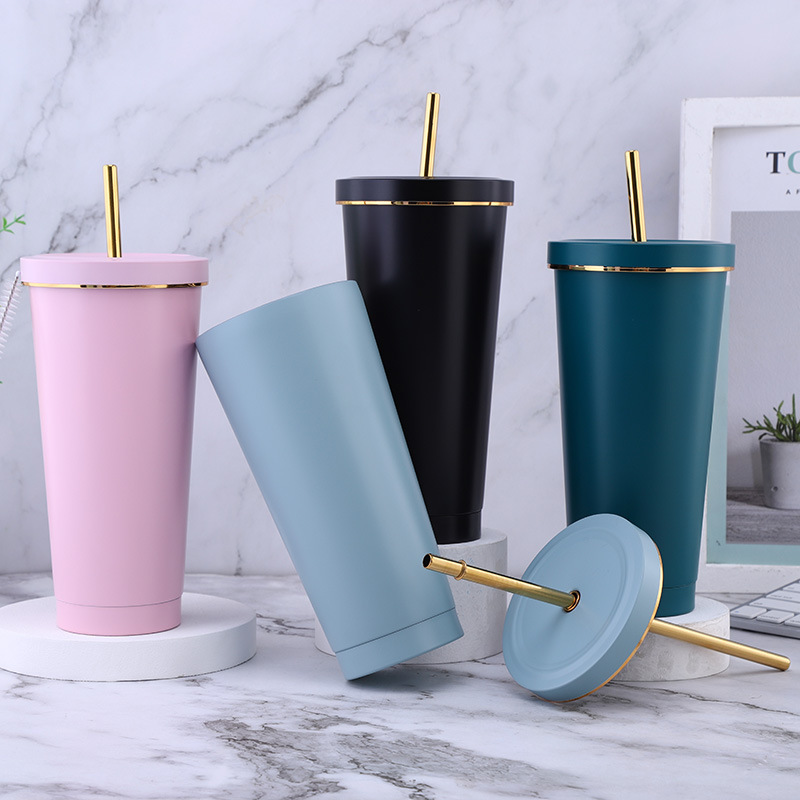 Vacuum Insulated Mug Stainless Steel Thermos Cup Car Coffee Milk Tea Drinking Cup With Straw