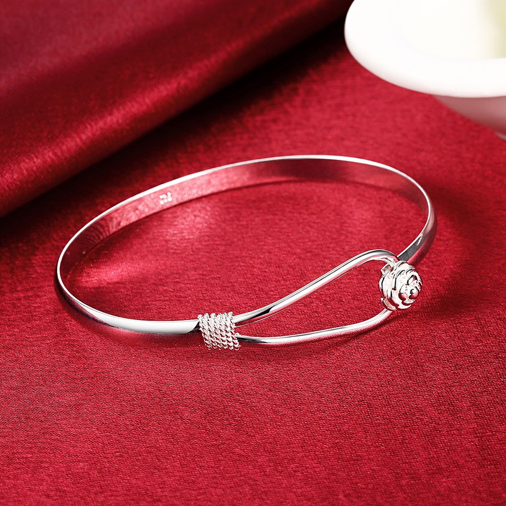 Christmas hot new 925 stamp silver color fine elegant flower bangle for women adjustable jewelry party wedding
