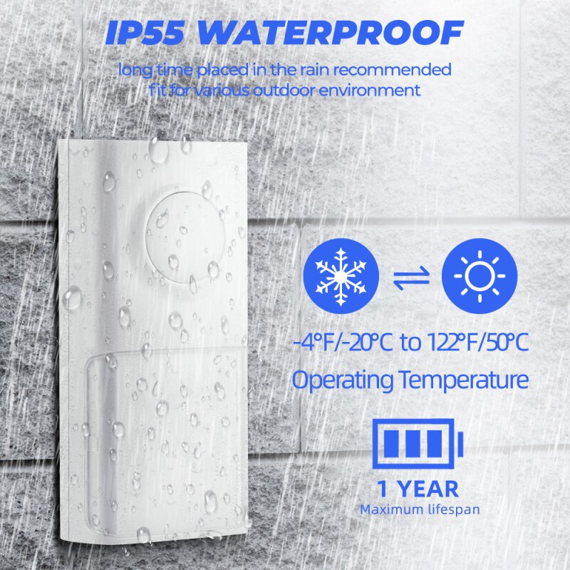 2-in-1 Wireless Doorbell Wireless Smart Doorbell Door Bell Ring 433MHZ LED Night Light USB Powered IP55 Waterproof Doorbell