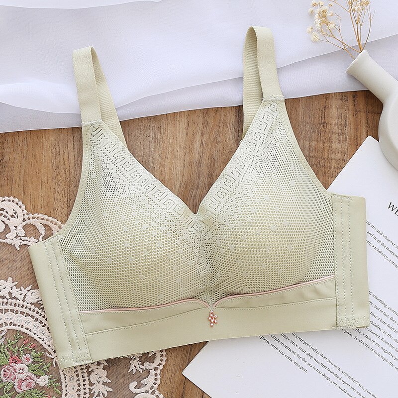 Spring Summer Ladies No Steel Ring Bra Anti-Sagging Latex Cotton Underwear Soft Father Tube Top Small Chest Breathable Bra: Light Green / 36 80AB