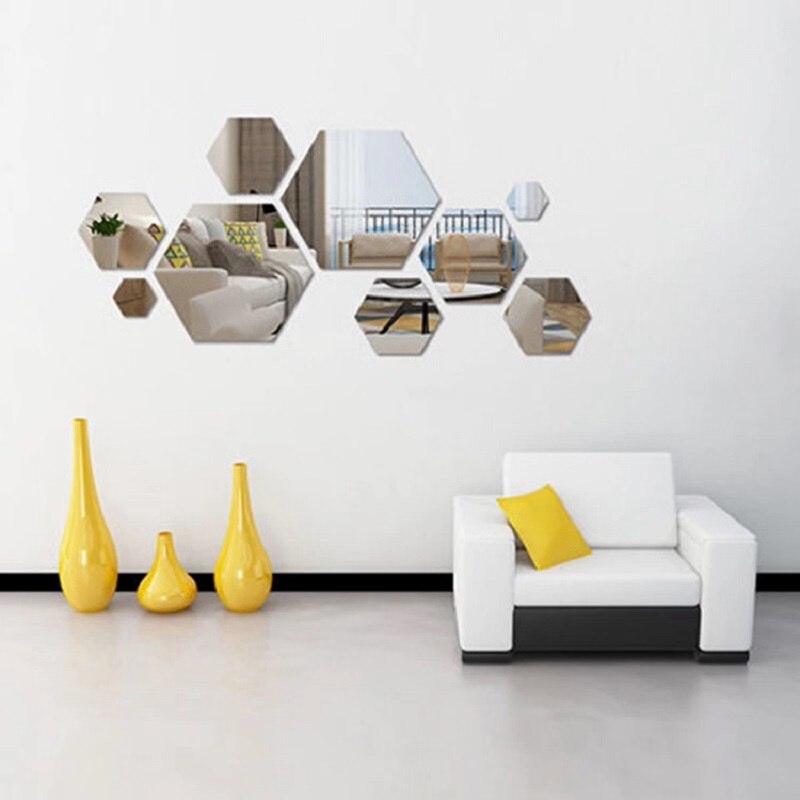 12 PCS/set 3D Large Hexagon Mirror Wall Stickers Restaurant Aisle Self-adhesive Ceramic Tile Bathroom Decorative Mirror Stickers