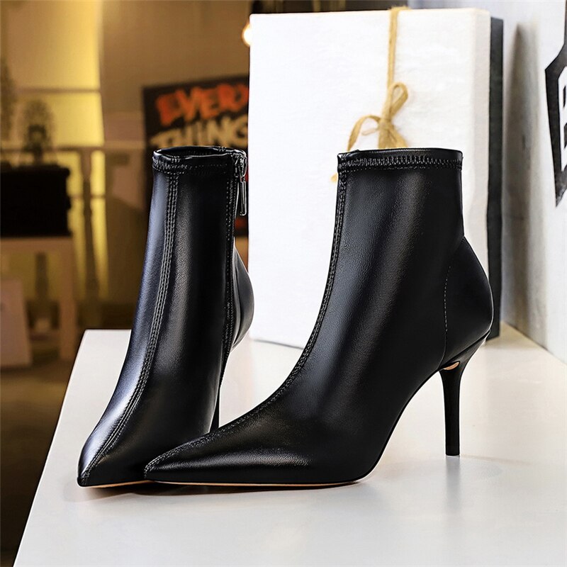 Women 8cm High Heels Boots Black Pointed Toe Leather Thin Low Heels Ankle Boots Sexy Nightclub Party Zip Short Shoe