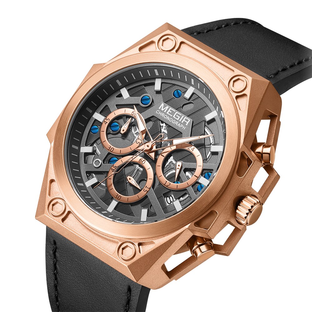 Megir Rvs Heren Horloges Waterdicht Sport Mannen Quartz Horloges Chronograaf Stop Horloges Voor Man Man Klokuur: Rose gold(leather)