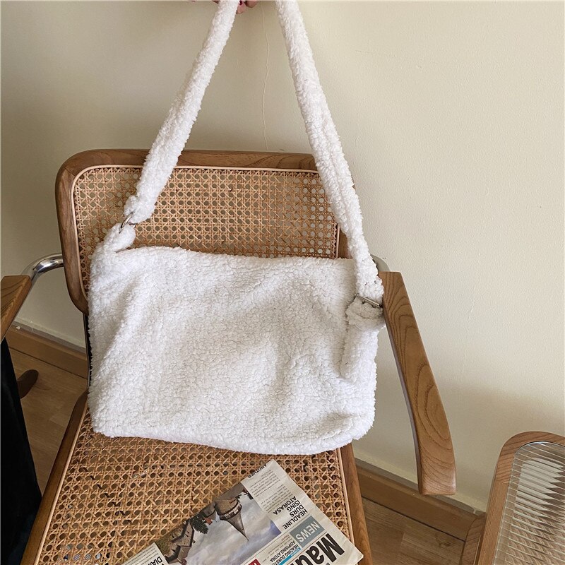 Hylhexyr effen kleur messenger bags winter pluche dames boodschappentassen zachte bont handtas portemonnee schoudertas met lusgesp: Wit