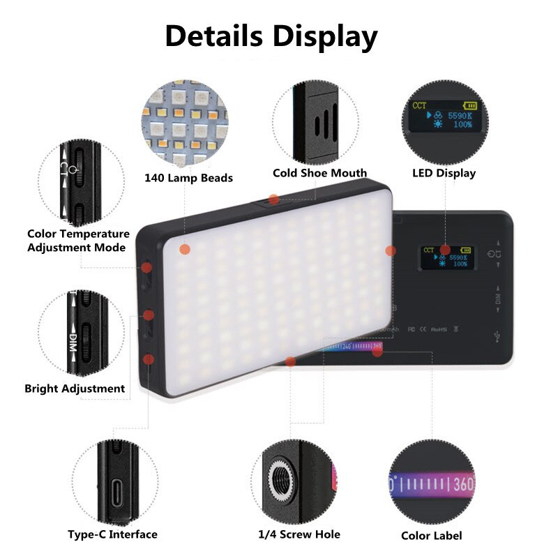 W140 RGB LED Video Light Photo Studio Photography Lamp 0-360° Full Color 2500 to 9000K 8W 3100mAh Dimmable Pocket Panel Lights
