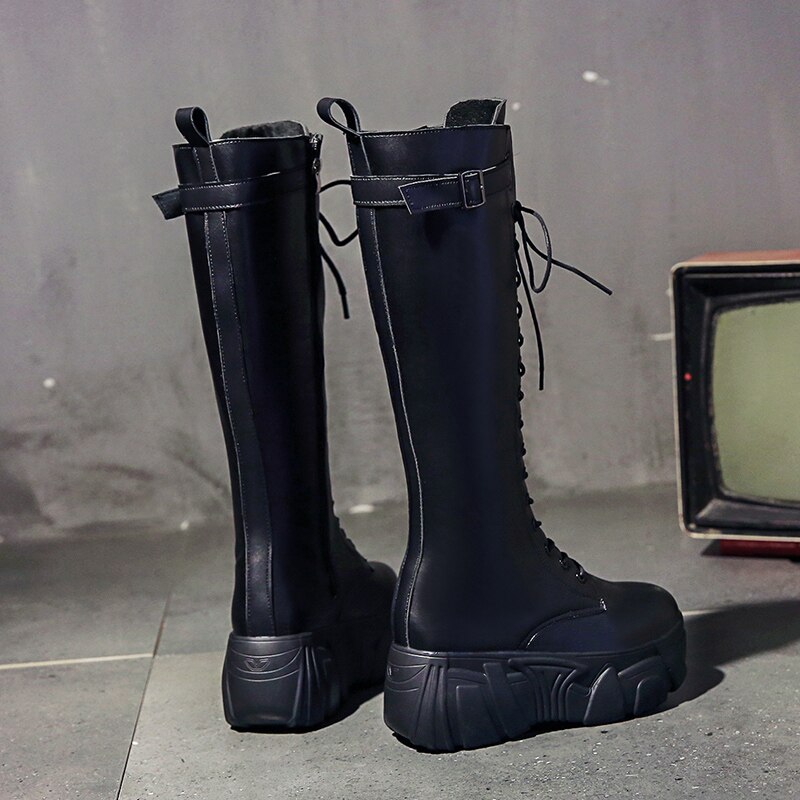 Våren dam fyrkantig klack snörning knä höga långa stövlar bling strass läder plattformsstövlar svarta zapatos de mujer