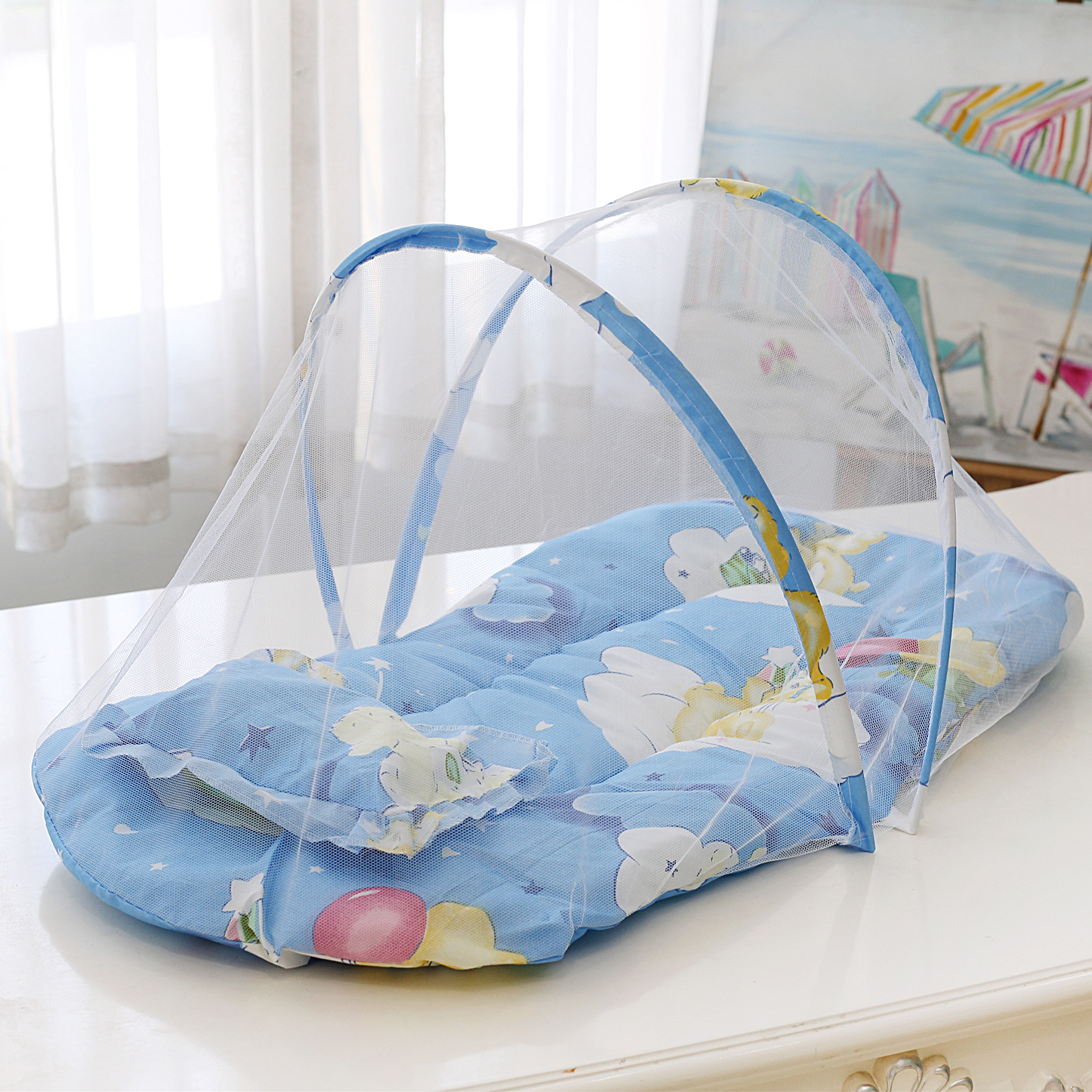 Foldable Baby Mosquito Net No Installation with Cotton Pad Pillow Anti-Mosquito Guard for Infant Cribs: WHITE