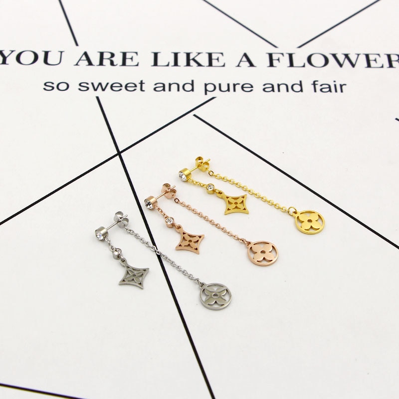 Bonito duplo flor brincos de gota para as mulheres de aço inoxidável pendientes cz brincos 2020 aretes collier feminino presente de casamento