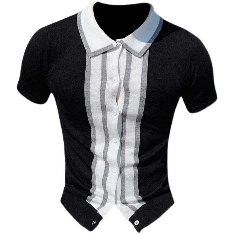 2022 Knitted Polo Shirt Men Lapel Contrast Color Knit Cardigan Short Sleeve Slim Business Social Polos Casual Slim Tee Tops