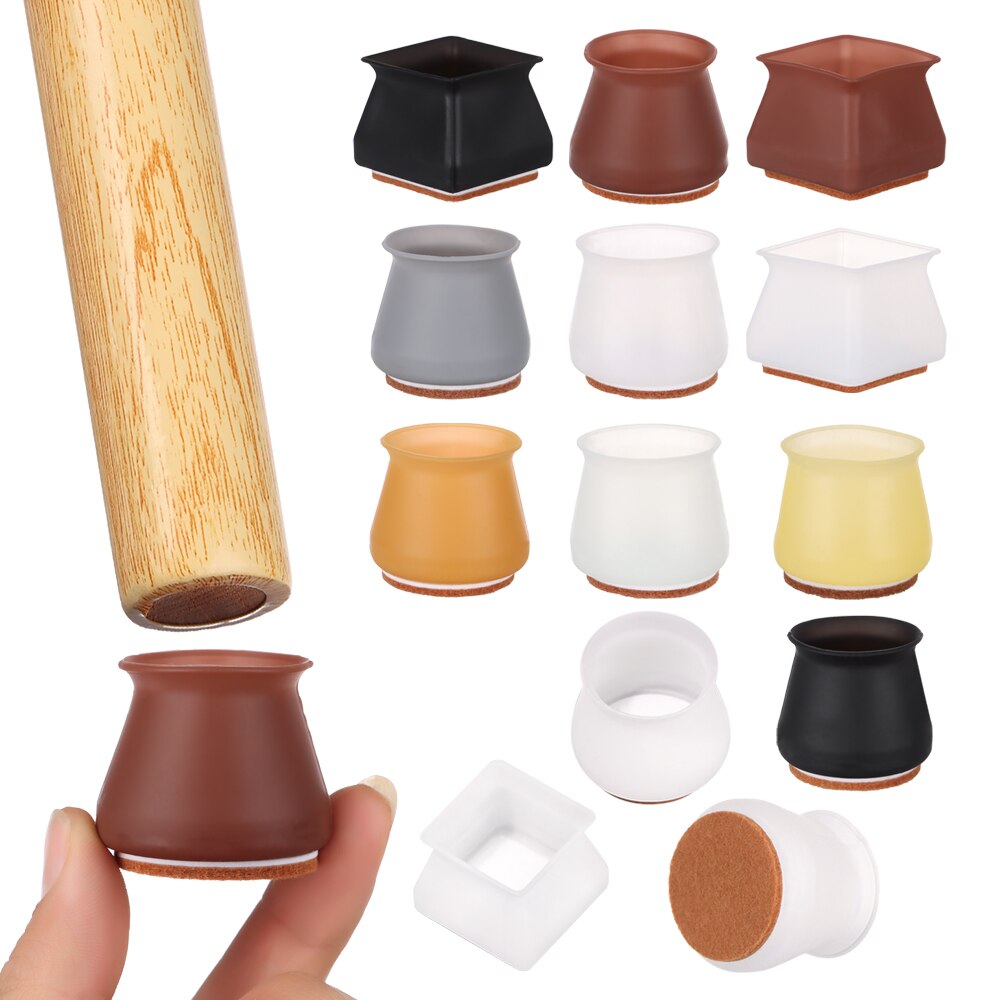 4 Pcs Silicone Round/Square Chair Table Foot Cover Protector Caps with Felt Bottom Furniture Anti-slip Mute Solid Pad