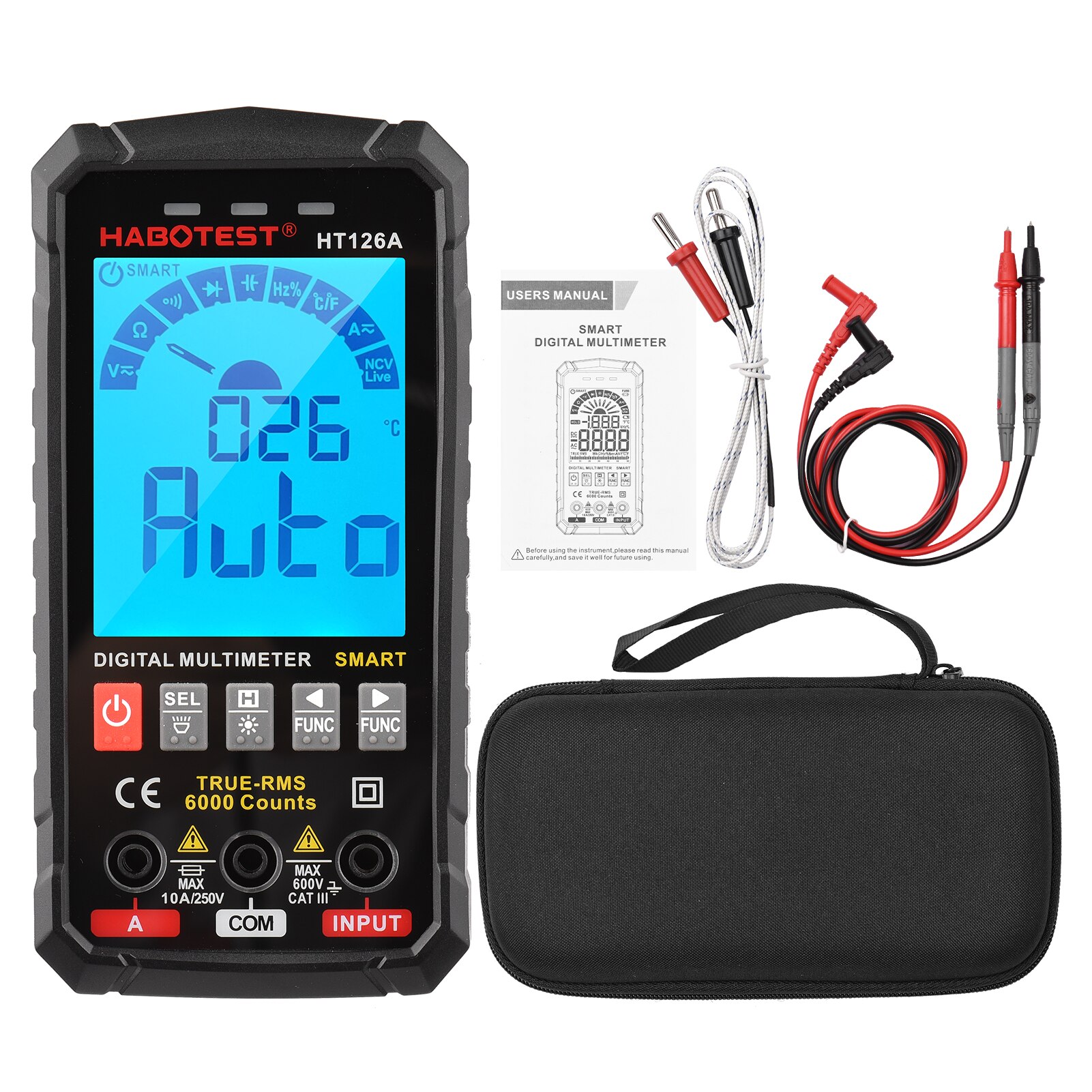 HABOTEST – multimètre numérique intelligent HT126B, écran couleur VA, testeur électrique, voltmètre ammètre, 6000 comptes, True RMS, Auto-plage: Default Title
