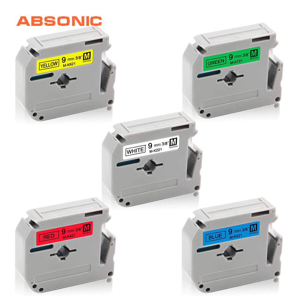 Absonic 5 stuks 9mm mk221 voor etiketten brother m -k221 m-k421 m-k521 m-k621 m-k721 tape compatibele brother labelprinter pt -80 pt-90