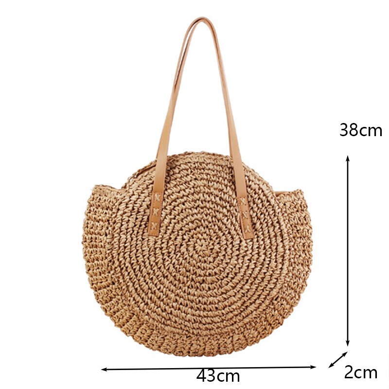 Ronde Stro Strandtas Vintage Handgemaakte Geweven Schoudertas Raffia Cirkel Rotan Zakken Bohemian Zomervakantie Casual Tassen: Brown-medium