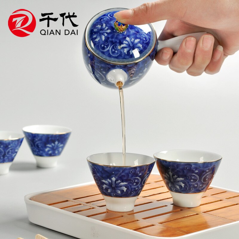 Chinese ceramic tea set storage combination blue color icing on the cake travel tea set set blue and white kung fu tea set holid