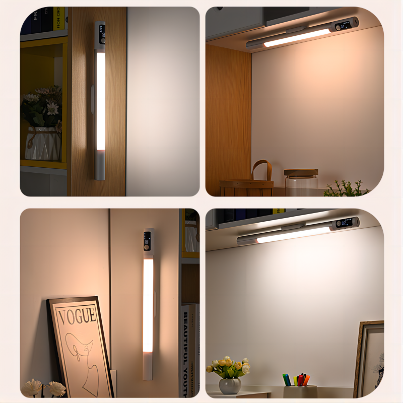 Schrankbeleuchtung, wiederaufladbarer Akku, Anzeige-Lichtleiste, Bewegungsmelder, Schranklampe, Schreibtischlampe, Nachtlicht, 3 Farben verstellbare Beleuchtung