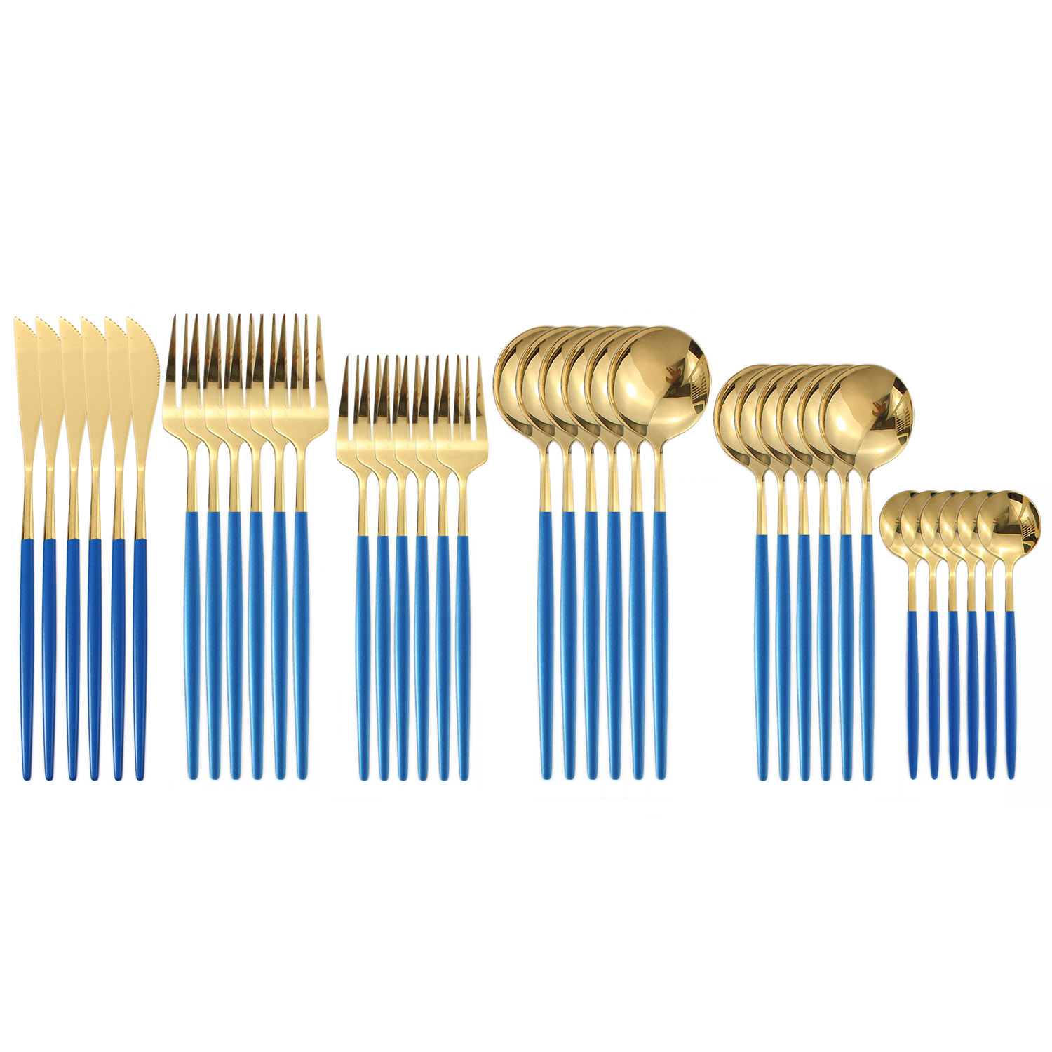 36Pcs Zwart Goud Servies Set Gouden Lepels Vorken Messen Bestek Sets Roestvrij Staal Slverware Midden Mes Vork Eetlepel: 36pcs Blue Gold