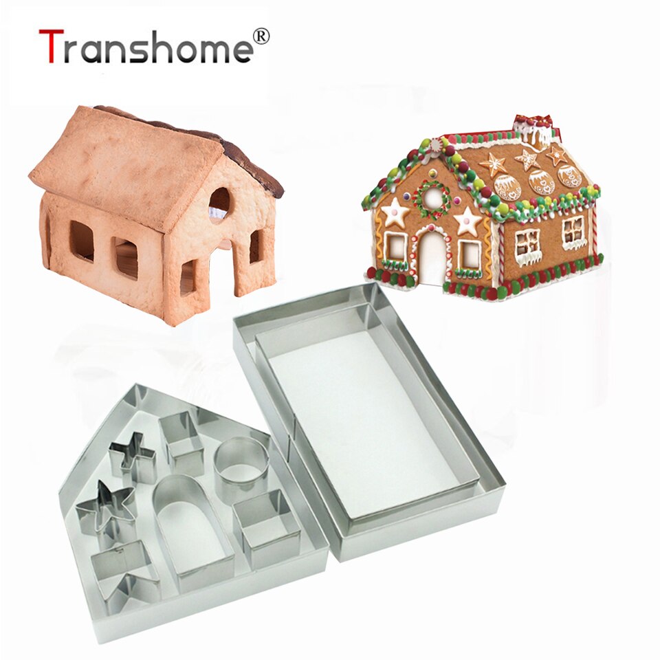 Transhome 10 pcs Kerst Huis 3D Rvs Scenario Gingerbread Cookie Cutter Set Biscuit Mold Fondant Cake Mallen
