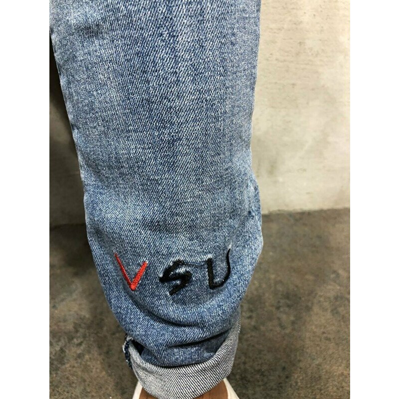 Men Ripped Skinny Jeans Stretchy Destroyed Frayed Slim Fit Denim Jeans Men Male Biker Embroidery Holes Taped Jean Trousers