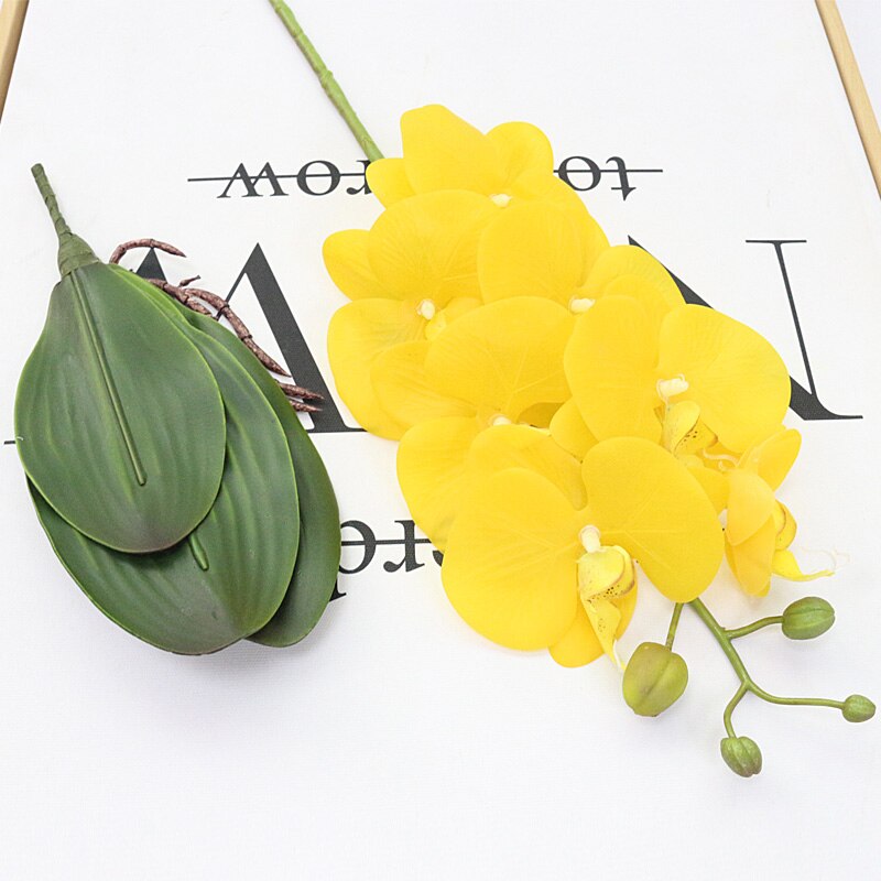 Kunstig orkidé phalaenopsis med stort blad pu ægte berøring blomst håndføler pottemager planter bryllupsindretning hjemmebord tilbehør: Gul