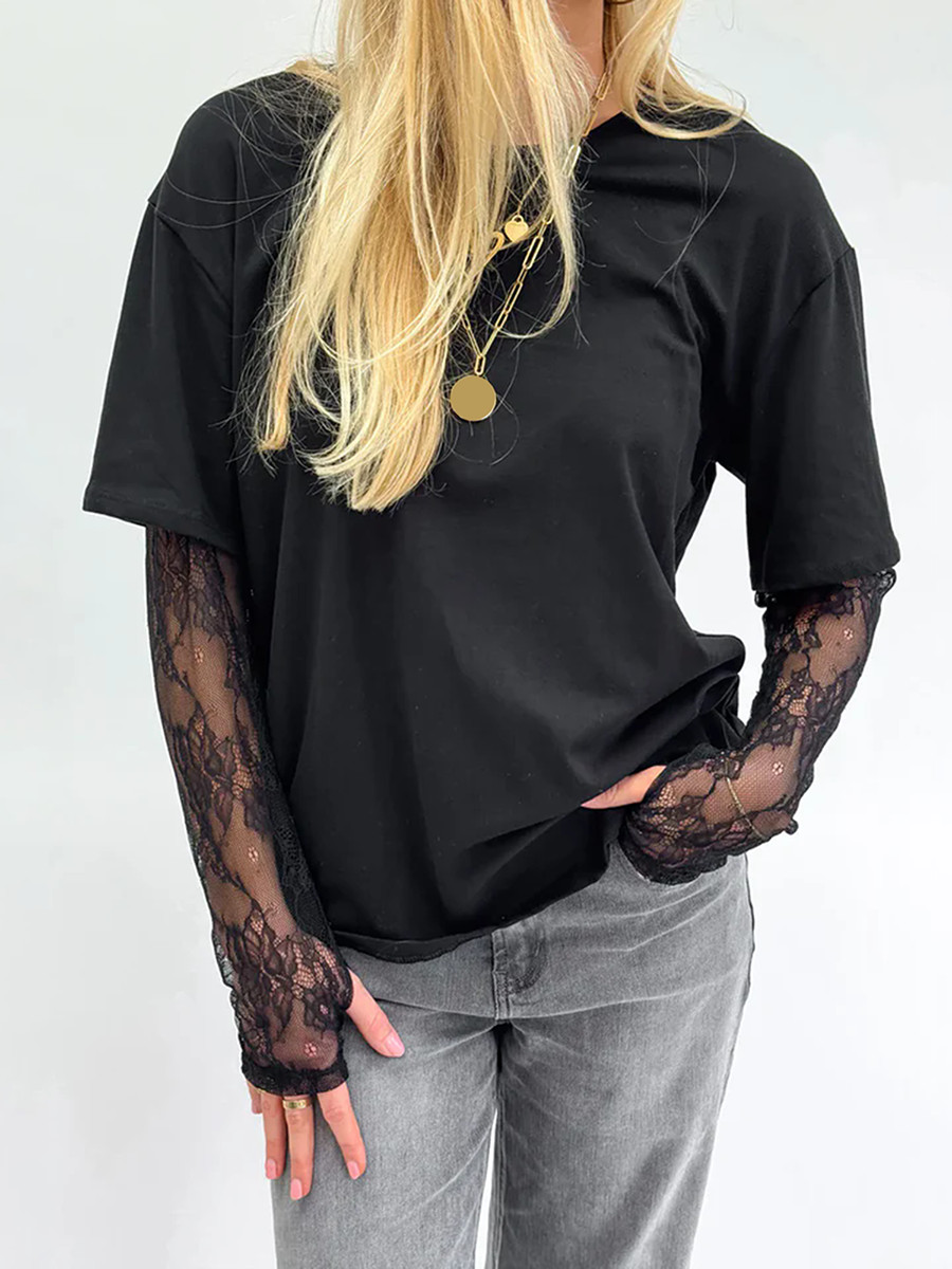 Dam t-shirt med rund hals, spets, långärmad, vardagsskjortor, vår/höst, lös passform, enfärgad t-shirt för streetwear  y2k 00s