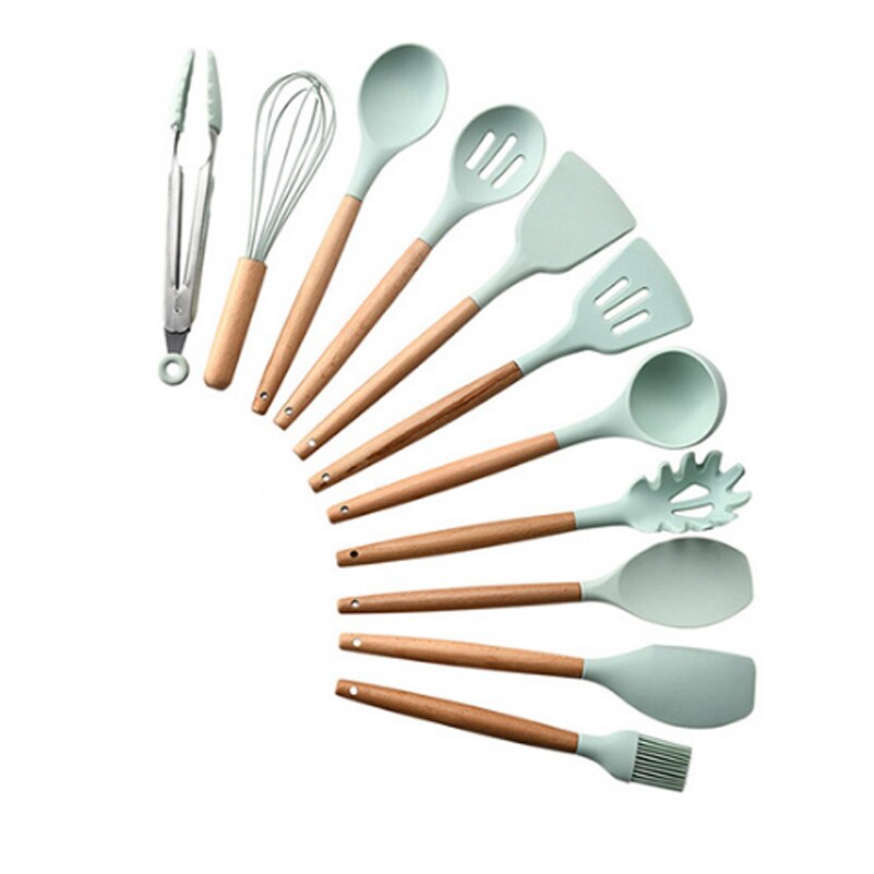 12pcs Kitchen Utensil Set Silicone Cooking Tools Household Wooden Koken Gereedschap Met Opbergdoos Turner Tang Spatel Turner: green 11PCS
