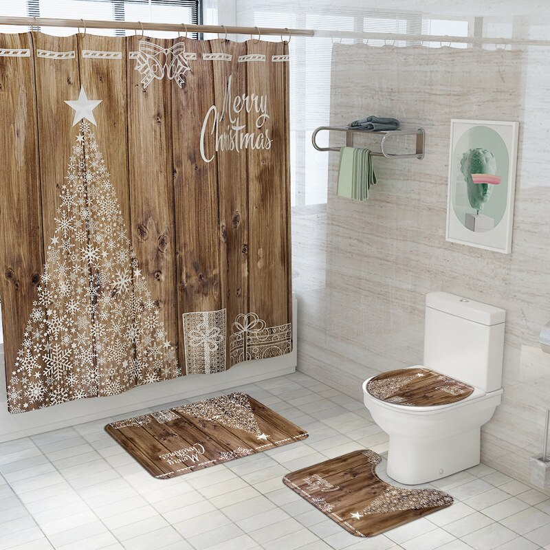 Merry Christmas Shower Curtain Set Bath Mats Rugs Christmas Tree Deer Anti Slip Pads Toilet Cover Bathroom Curtains with Hooks: C 4PCS