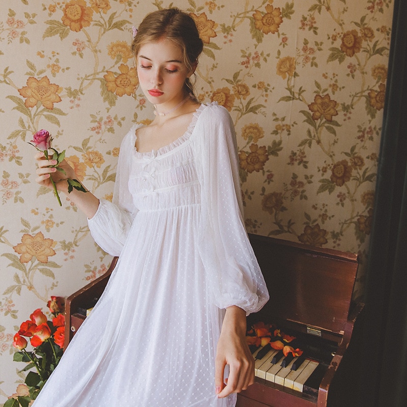 Women Nightgown White Lace Cotton Nightgowns Nightdress Woman Long Sleeve Sleepwear Dress