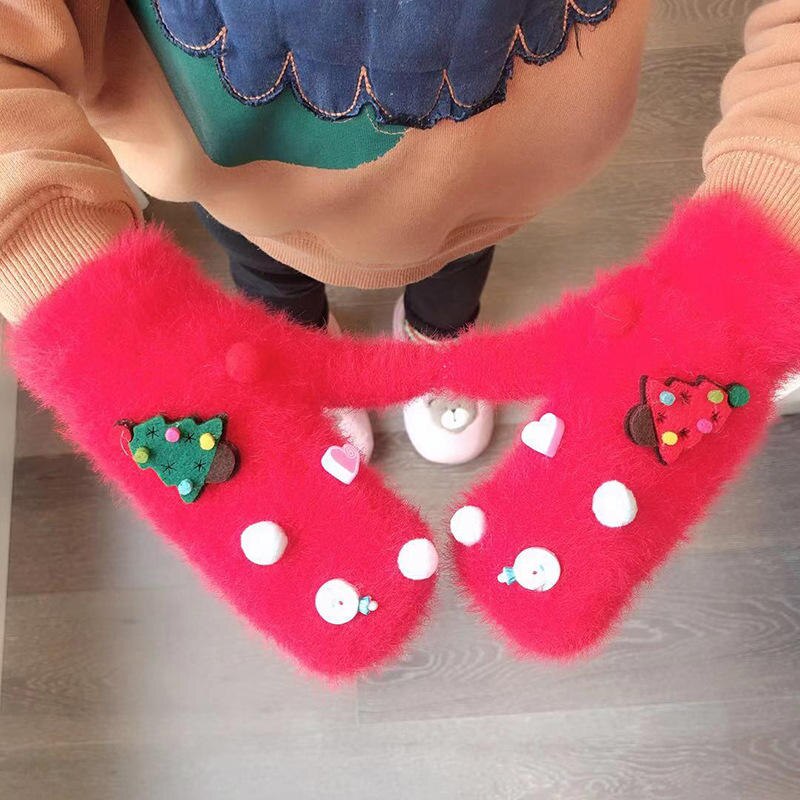 Balleenshiny otoño e invierno terciopelo Navidad árbol guantes niños cálidos dibujos animados guantes niños guantes para niños niñas: Rojo