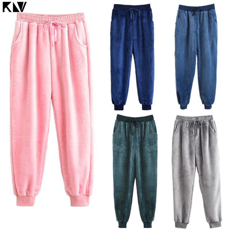 KLV Women Men Autumn Winter Pajamas Pants Lounge Wear Pajamas Thicken Loose Coral Fleece Pants Sleep Pajamas Lounge Pants