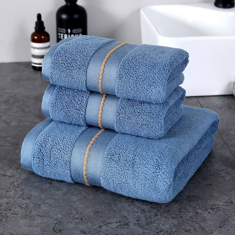 Lange-Nietje Katoen Handdoek Set Ster Hotel Luxe Satijn Handdoek Badhanddoek Thuis Super Zachte Absorberende Badkamer Gezicht handdoeken: Blue / 3PCS Towel Set