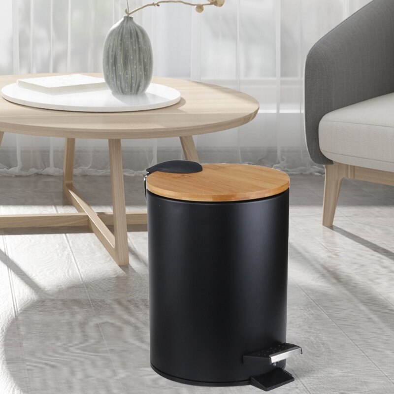 3L Bamboo Flip Step Trash Can Garbage Bin Rubbish Waste Container Organizer Bathroom Kitchen Living Room Office Decoration