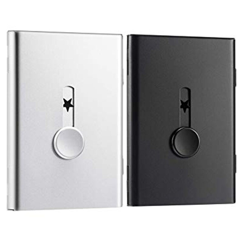 2 Pack Business Card Holder, Thumb Drive Card Case Slide-Out Stainless Steel Business Card Holder Card Case for Men and Women Ar: BLACK SILVER