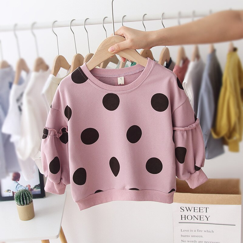 1-6y mooie herfst baby meisjes sweatshirt tops stippenprint lange lantaarnmouwen trui casual outfits kleding: Roze / 2t