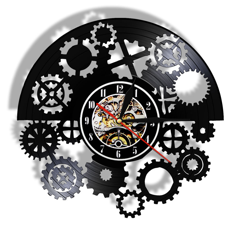 Reloj de pared gótico Steampunk, dispositivo de grabación de vinilo negro LP, arte de pared Vintage Tribal, reloj de máquina