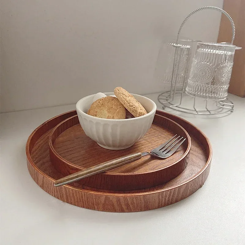 Nordic Decoratief Dienblad Houten Dienblad Retro Ronde Serveerschaal Fruit Dessert Opbergbakken Koffiekopje Mat Pad Home Decor Mohamedajuan