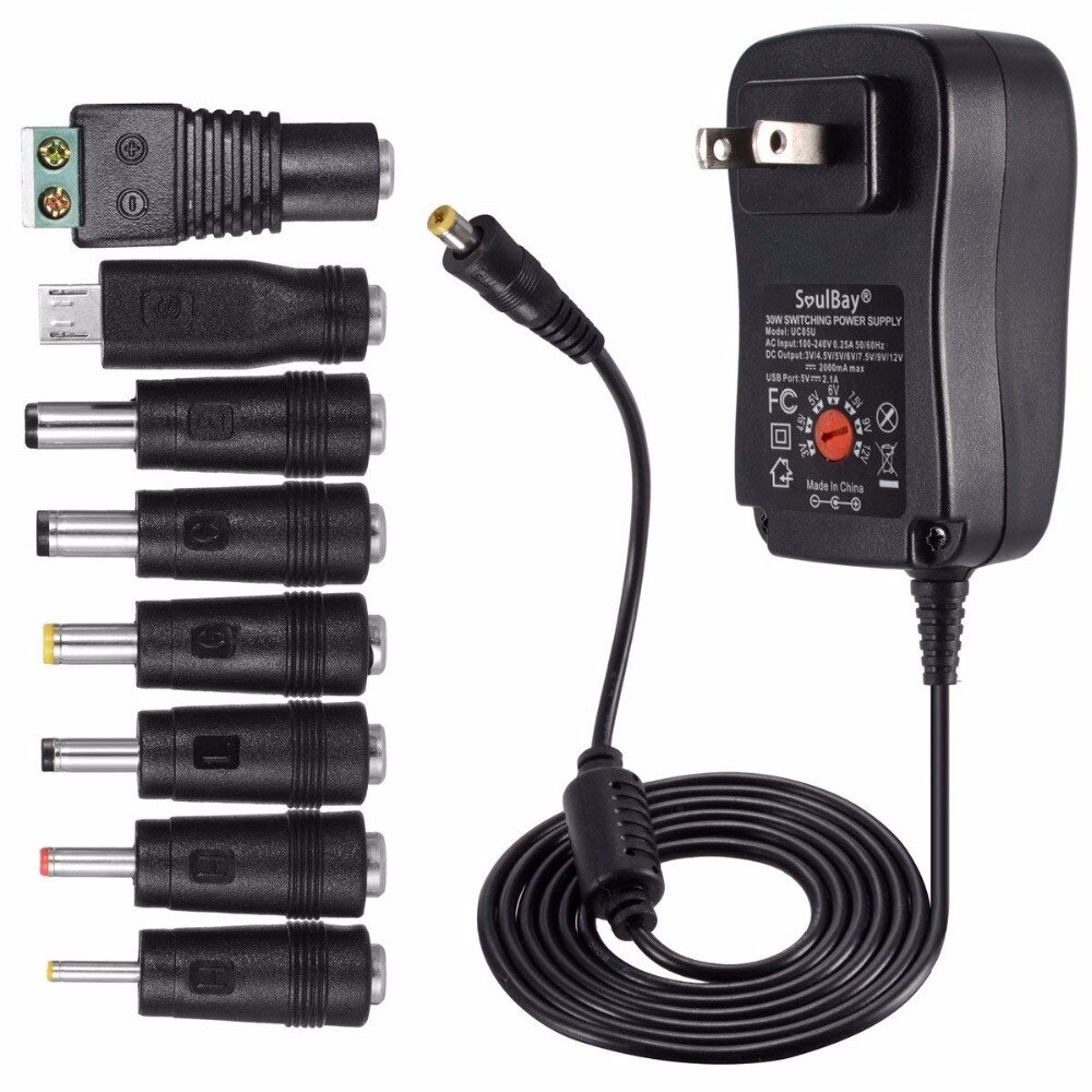30W Universal AC/DC Adapter Switching Power Supply with 8 Selectable Adapter Tips, Including Micro USB Plug, for 3V to 12V ST333