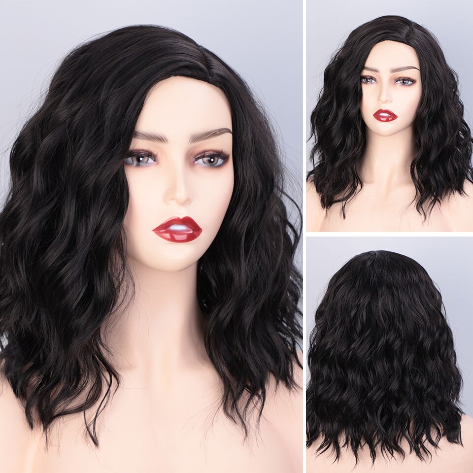 AISI QUEENS Water Wave Short Synthetic Wigs for Women Ombre Black and Purple Cosplay Bob Wig Blue Red Grey Pink Wig: 1B