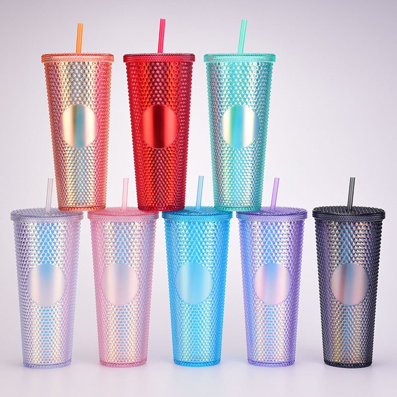 710ml Kaffee Tasse Sommer Kalten Wasser Becher Becher Tasse Mit Stroh Doppel Schicht Kunststoff Durian Diamant Strahlende Göttin tassen
